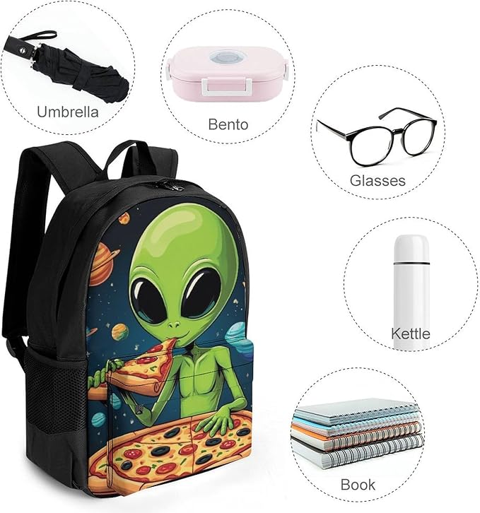 Polyester Daypack Backpack for Sports Travel Running, Big Capacity Anti-Theft Multipurpose Carry On Bag, Funny Space Dj Alien Eating Pizza Art Laptop Book Bag Rucksack