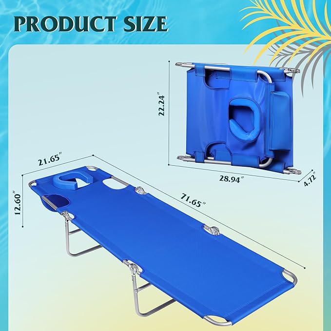 WLIVE Beach Lounge Chair for Adults, 4-Position Folding Tanning Chairs with Face Hole for Outside, 2 Legs Support Portable Outdoor Chair for Beach, Pool, Blue
