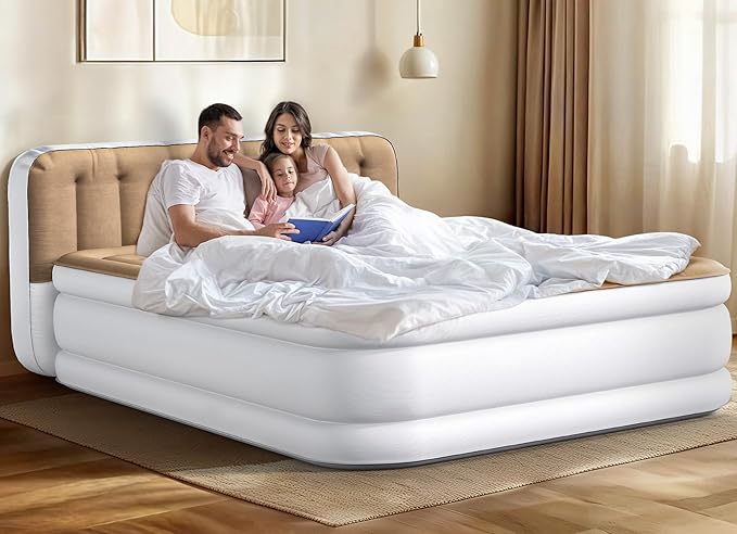 YITAHOME 18'' Flocked Top Queen Air Mattress with Built-in Pump and Headboard, Durable Inflatable Bed, Blow-Up Mattress for Indoor and Outdoor Use, Brown