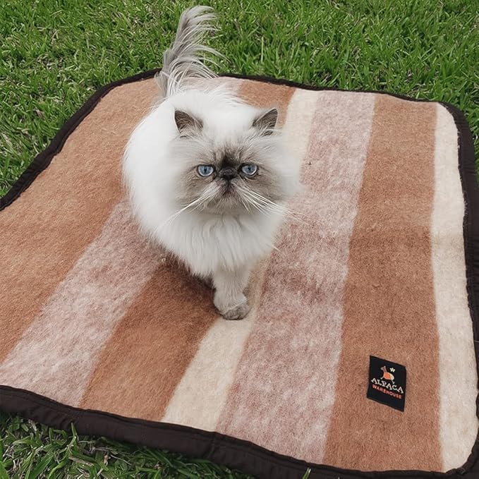 Alpaca Warehouse Alpaca Sheep Wool Blanket Pet Size Comfortably Warm - Perfect for Cats and Small Dogs - Striped Design (Beige/Soft Camel/Soft Brown, Pet Size)