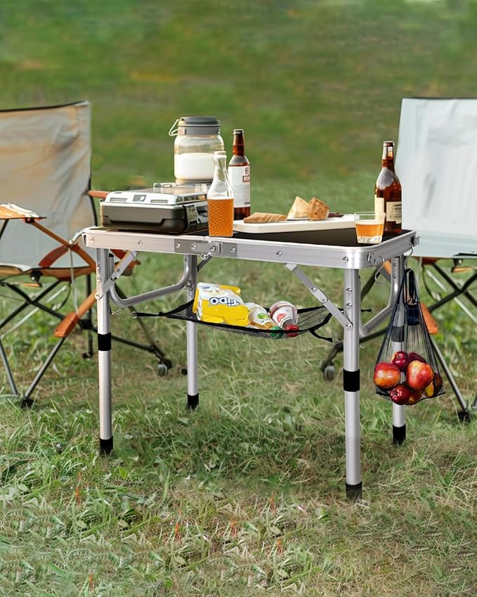 Sportneer Folding Table: Adjustable Height Camping Essentials 23.6" L x 15.7" W 2 Height with Mesh Layer - Compact & Portable Small Folding Table for Outdoor Camp Garden Picnic BBQ Dining Cooking