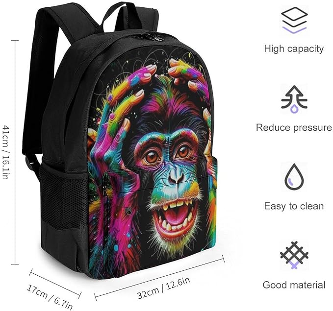 Daypack Backpack Polyester Anti-Theft Multipurpose Clever Animals Monkey Art Bookbag Big Capacity Travel Hiking Camping Rucksack With Smooth Zippers