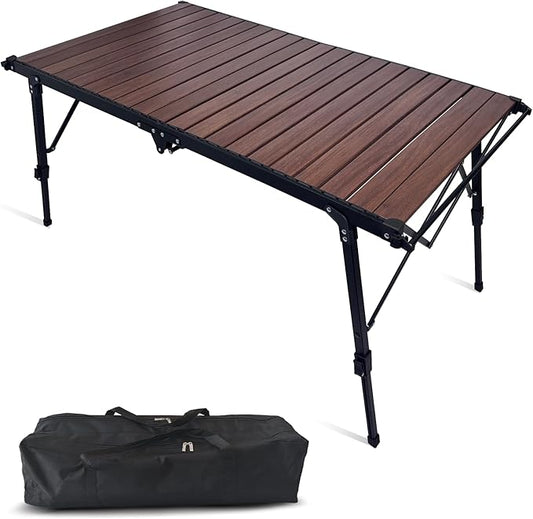 4FT Folding Camping Table, Adjustable Height Aluminum Roll Up Table with Carry Bag, Loads 110LBS, 2-6 Person Lightweight Portable Picnic Table for Outdoor, Grilling, Barbecue,Travel. Walnut