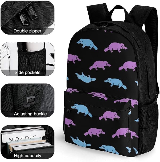 Men Women Lightweight Purple Platypus Cartoon Black Daypack Bookbag Big Capacity Carry On Bag With Side Pockets for Camping Travel Bicycle
