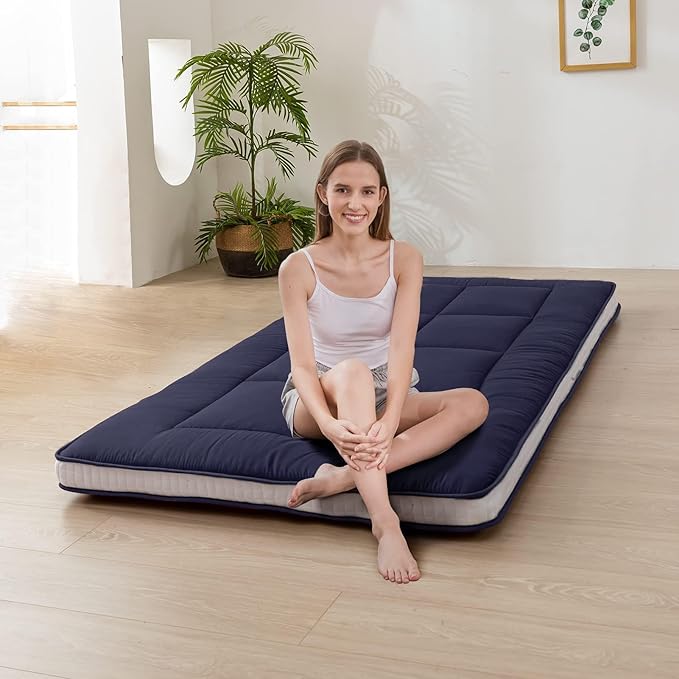 MAXYOYO Japanese Floor Mattress Futon Mattress Twin Bed Mattress, Single Mattress Pad Guest Mattress Floor Bed Mattress, Easy to Foldable and Portable, Navy Futon Twin Mattress