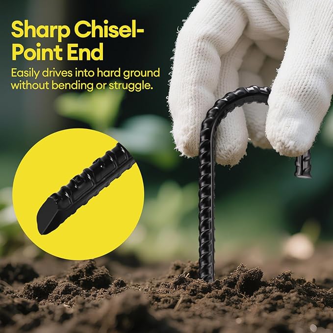12 Inch Rebar Stakes Heavy Duty 20 Pack, J Hook Ground Stakes, Galvanized Steel Trampoline Stakes, Tent Anchor Kit Anti-Rust, Drip Hose Wind Stakes, Black