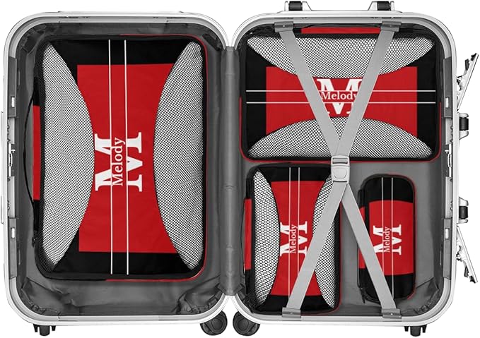 4pc Personalized Name Packing Cubes for Travel - Luggage Packing Organizers - Travel Packing Cubes for Suitcases, Red with Black, Initial Letter