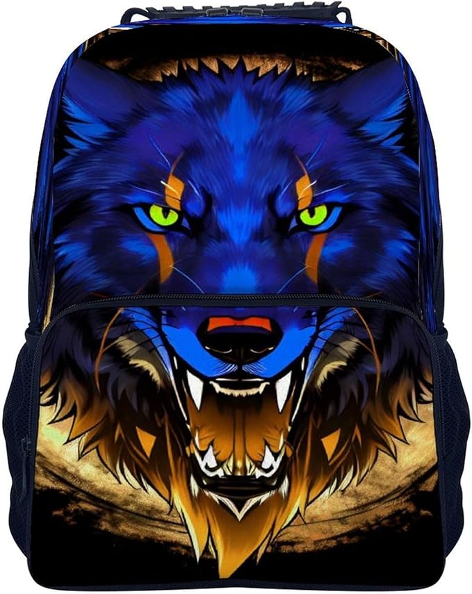 Lightweight Daypack for Camping Business Walking Cycling, Large Capacity Anti-Theft Multipurpose Bookbag, Wolf Head With Fire Art Gym Outdoor Hiking Backpack