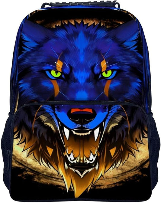 Lightweight Daypack for Camping Business Walking Cycling, Large Capacity Anti-Theft Multipurpose Bookbag, Wolf Head With Fire Art Gym Outdoor Hiking Backpack