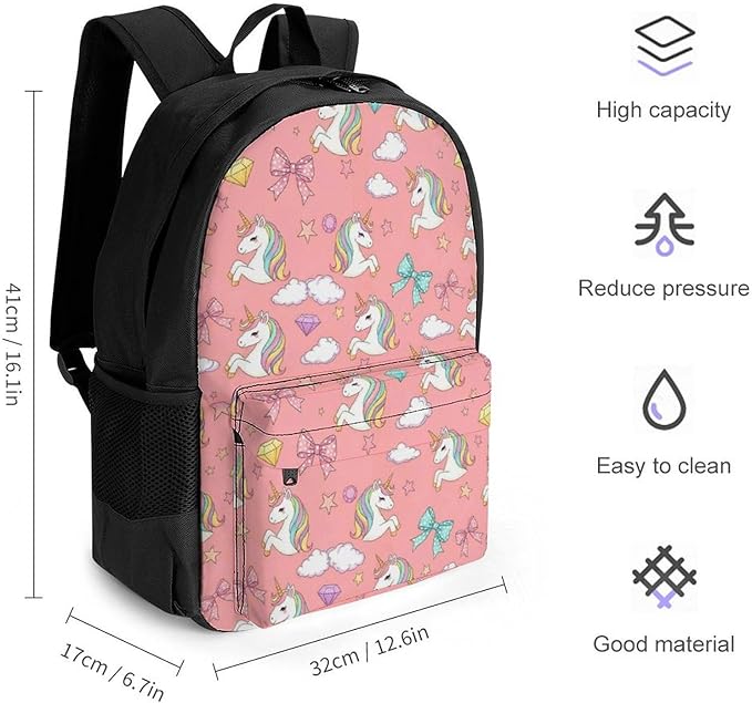 Daypack Polyester Anti-Theft Multipurpose Lovely Pink Unicorns Head Bookbag Big Capacity Gym Outdoor Hiking Backpack With Adjustable Shoulder Straps