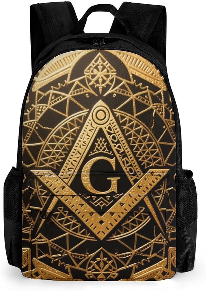 Rucksack Multipurpose Anti-Theft Big Capacity Shoulder Bag, Gold Freemason Freemasonry Masonic Art Travel Hiking Camping Rucksack With Side Pockets