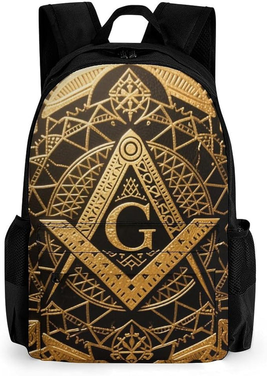 Rucksack Multipurpose Anti-Theft Big Capacity Shoulder Bag, Gold Freemason Freemasonry Masonic Art Travel Hiking Camping Rucksack With Side Pockets