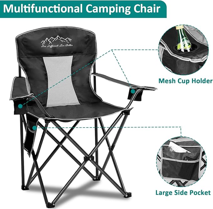 Outdoor Folding Camping Chair with Cup Holder, Storage Bag, Large Anti-Sink Feet, 325lbs Capacity, Breathable Mesh Portable Chair for Camping, Beach, Fishing, Sports, Black 2Pack