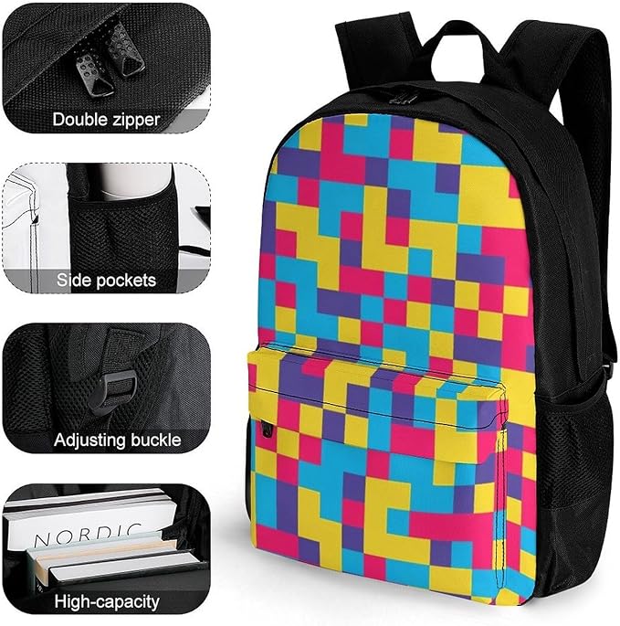 Supdreamc Polyester Daypack Backpack for Trekking Picnic Walking Cycling, Large Capacity Anti-Theft Multipurpose Shoulder Bag, Colorful Checkered Grid Casual Daypack