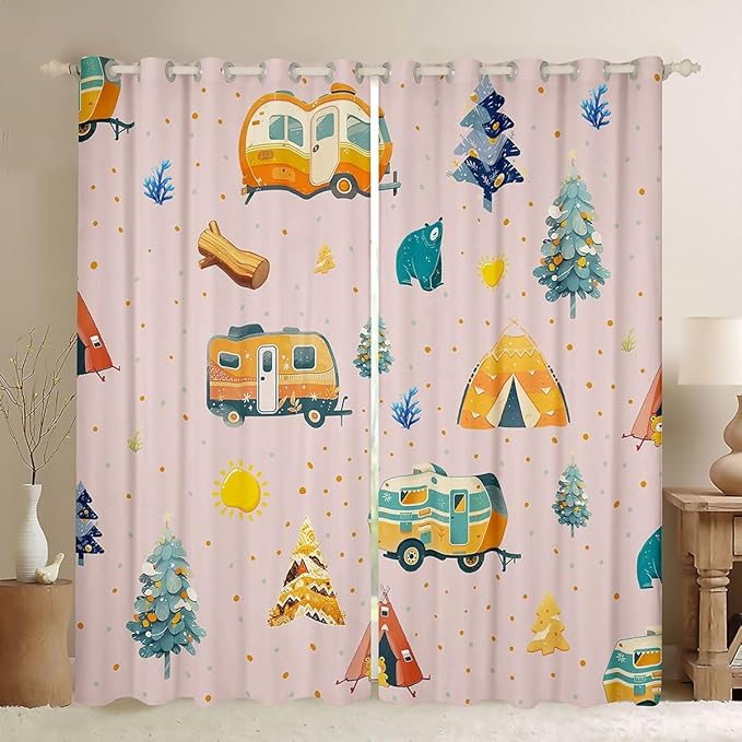 Feelyou Pink RV Camping Camper Blackout Curtains Adventure Camper Darkening Drapes for Bedroom Living Room Decor Happy Camping Thermal Insulated Shades Window Treatments, 2 Panels 42 x 84 Inch