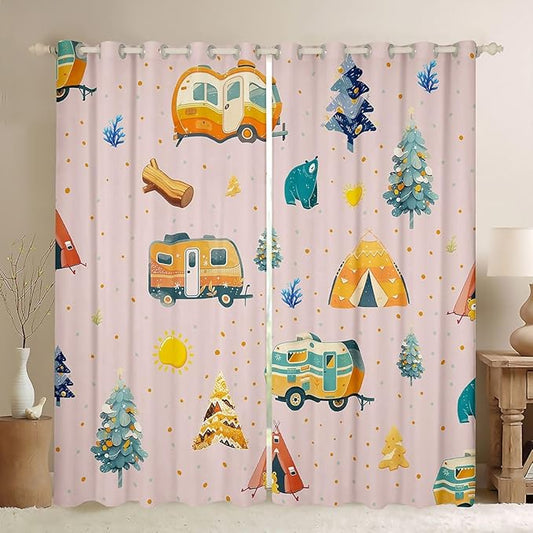 Feelyou Pink RV Camping Camper Blackout Curtains Adventure Camper Darkening Drapes for Bedroom Living Room Decor Happy Camping Thermal Insulated Shades Window Treatments, 2 Panels 42 x 84 Inch