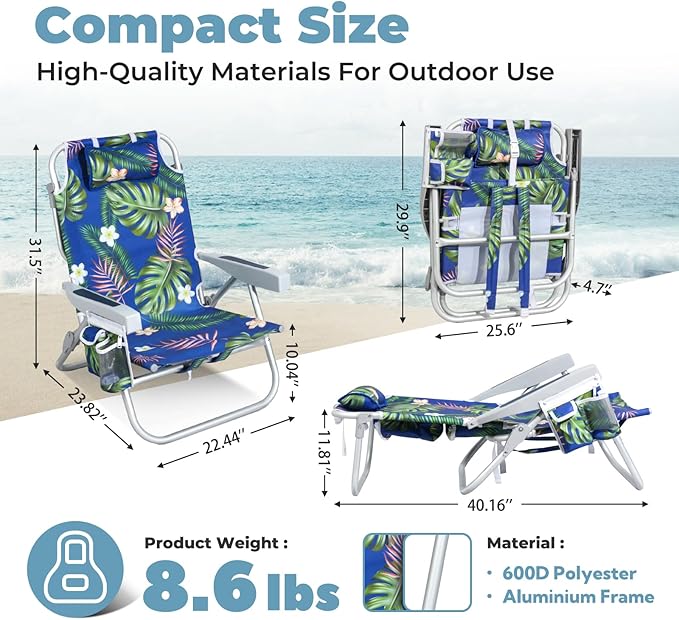 Low Beach Chairs for Adults - 5-Position Reclining Backpack Chair with Large Insulated Cooler & Storage Pocket, Aluminum Frame, Portable for Travel & Outdoor, Supports 300lbs, Tropical Palm