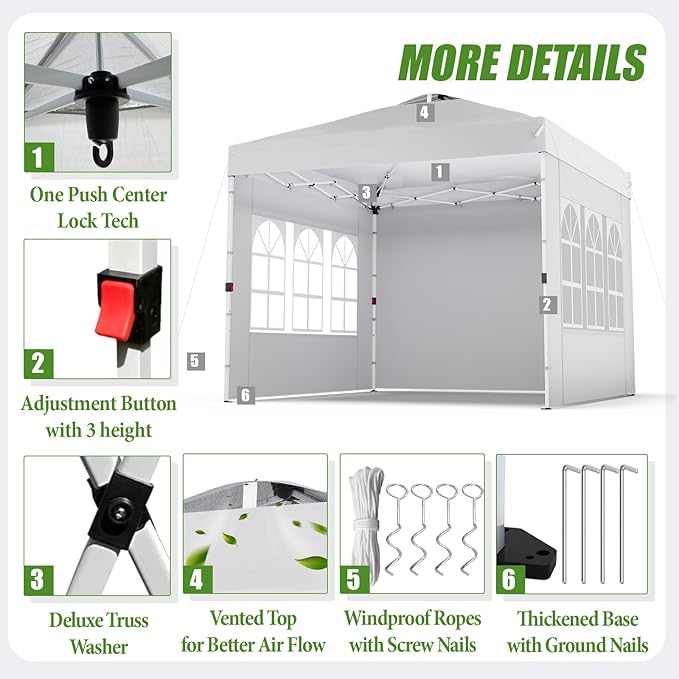 Shades 10x10 Pop Up Canopy with 3 Sidewalls & 4 Sandbags,Heavy Duty Beach Tent with Portable Bag,Sun Shelter for Parties,Events,Outdoor Gazebo with 420D Coated Waterproof White Fabric