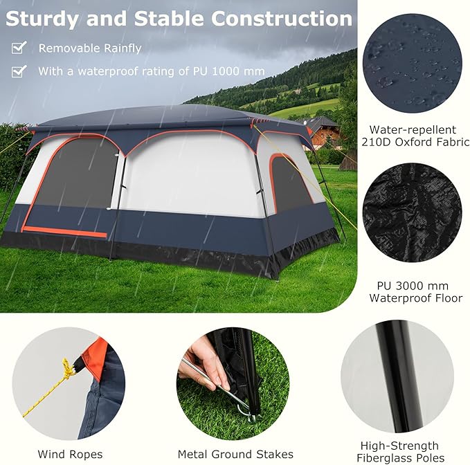 Tangkula 6/8/10-Person Camping Tent with Porch, Large Family Cabin Tent with 2 Rooms, 2 Doors, 2 Mesh Windows, Removable Rainfly, Carrying Bag, Double Layer Tents for Camping, Picnic, Outdoor