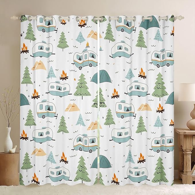 jejeloiu Camper Curtains for Bedroom Living Room Happy Camping 30%-50% Blackout Shades Cartoon Camping Car Room Darkening Curtain Window Treatments, 2 Panels 52 x 63 Inch Decor