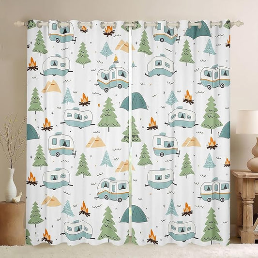 jejeloiu Camper Curtains for Bedroom Living Room Happy Camping 30%-50% Blackout Shades Cartoon Camping Car Room Darkening Curtain Window Treatments, 2 Panels 42 x 63 Inch Decor