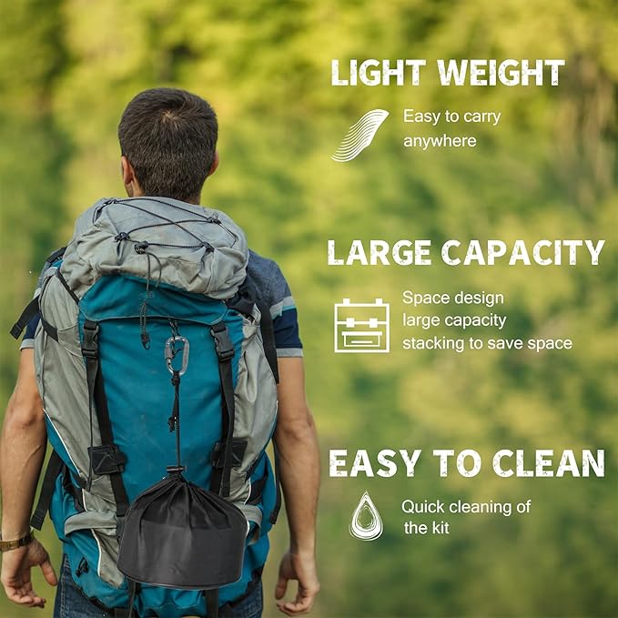 Camping Cookware Mess Kit, 13 pcs Backpacking Cookware Set, Lightweight Camping Pots and Stove Set for 1-2 Person, Outdoor Cooking Gear Ideal for Camping, Hiking, Backpacking and Picnic