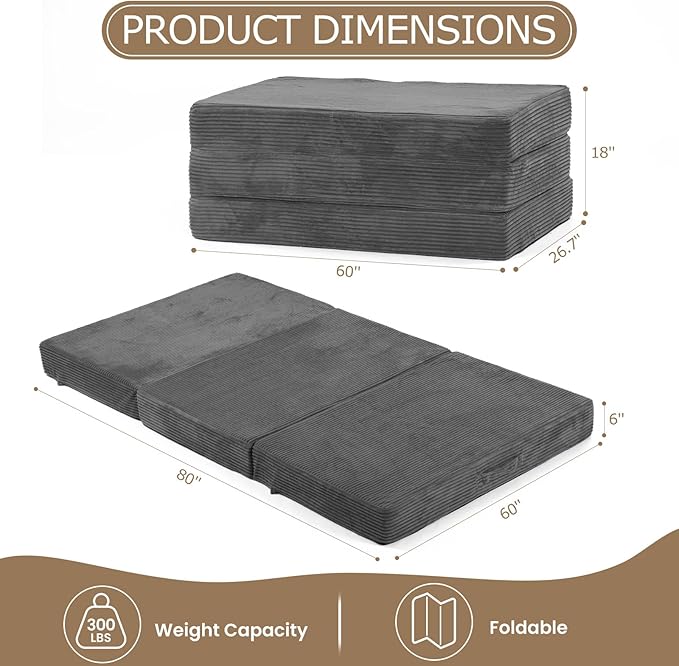 6-Inch Tri-Fold Mattress Queen Size - Foldable Futon Sofa Bed with Removable Washable Cover, Folding Memory Foam Futon Mattress | Non-Slip Bottom & Carry Handles for Guest, Camping, Dorm