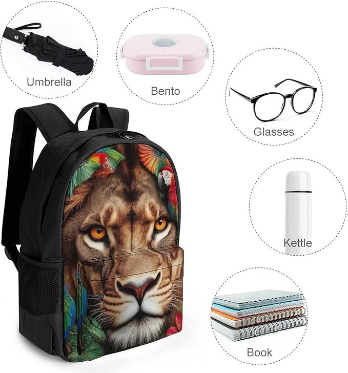 Supdreamc Rucksack Multipurpose Anti-Theft Big Capacity Shoulder Bag, Lion And Parrot Travel Hiking Camping Rucksack With Side Pockets