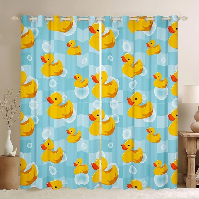 Cute Cartoon Ducks Window Curtain | Duck Shower Window Drapes for Kids Bedroom Decor,Blue Grids Blackout Curtains Beach Party Living Room Top 2 Panels,38Wx54L