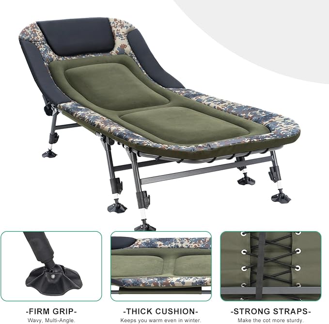 XXL Camping Cot for Adults 330Lbs with Carry Bag, Heavy Duty Folding Bed with Soft Padded Cushion, Portable Camp Bed for Hunting, 180° Adjustable Reclining Outdoor Lounger, Camouflage