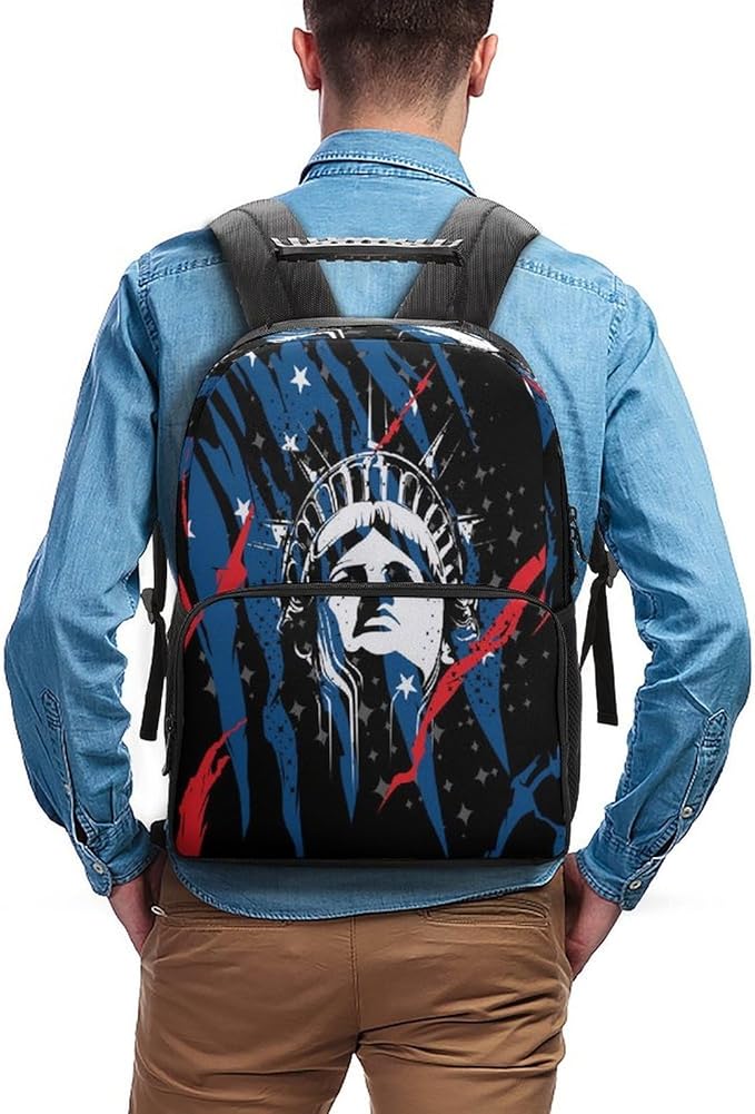 Lightweight Daypack Backpack for Trekking Work Running, Big Capacity Multipurpose Anti-Theft Bookbag, Statue Of Liberty American Flag Black Business Computer Bag
