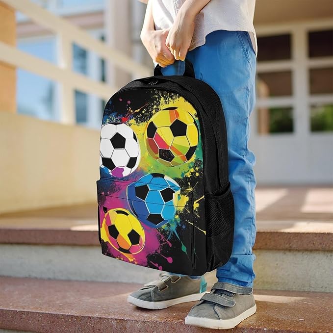 Supdreamc Men Women Polyester Colorful Paint Splash Ink Soccer Ball Football Black Daypack Big Capacity Shoulder Bag With Smooth Zippers for Hiking Work Walking Cycling