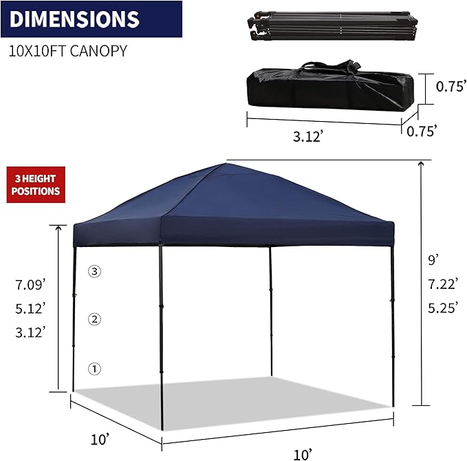 10x10 Pop Up Canopy Tent with 2 Sidewalls, Easy Up Canopy Outdoor Party Sun Shade Tent Portable Gazebo for Beach Camping Events with Carry Bag and 4 Sand Bags (Navy Blue)
