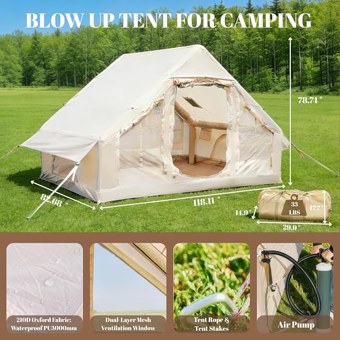 Easy Setup Inflatable Camping Tent, Waterproof 4 Season Air Tent with Hand Pump, Oxford Glamping Tent for 4/6/8 Adults