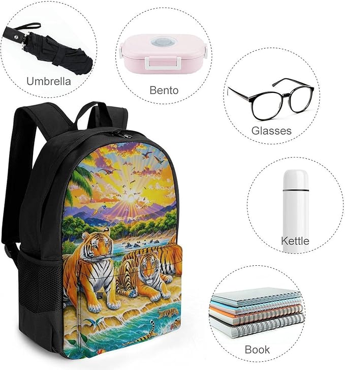 Daypack Backpack Polyester Multipurpose Anti-Theft King Of The Tiger Tropical Rainforest Landscape Jungle Parrot Birds Shoulder Bag Big Capacity Gym Outdoor Hiking Backpack With Smooth Zippers