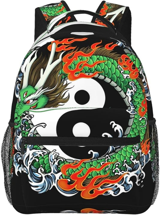 Men Women Polyester Dragons Of The Orient Yin Yang Art Daypack Big Capacity Shoulder Bag With Smooth Zippers for Hiking Work Walking Cycling