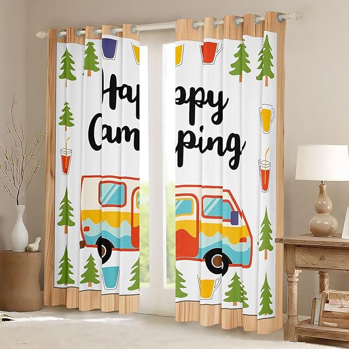 Erosebridal Camping Adventure Rv Blackout Curtains for Bedroom Living Room Happy Camping Window Curtains 2 Panels 52" Wx84 L Forest Camp Drapes,Pastoral Lodge Cabin Window Treatments
