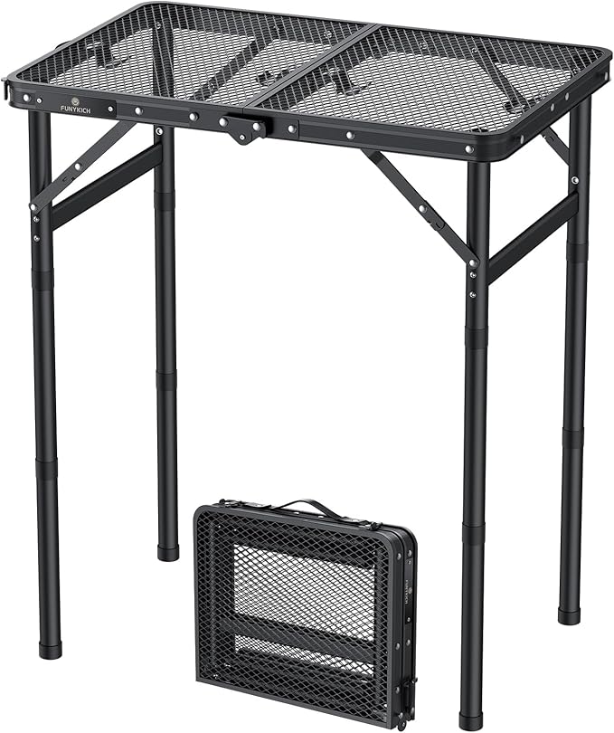 FUNYKICH Folding Grill Table for Outside, 3 Height Adjustable Portable Camping Tables, Lightweight Metal Aluminum Outdoor Table with Portable Handle for Camping, Picnic, BBQ, 23''x16'', Black