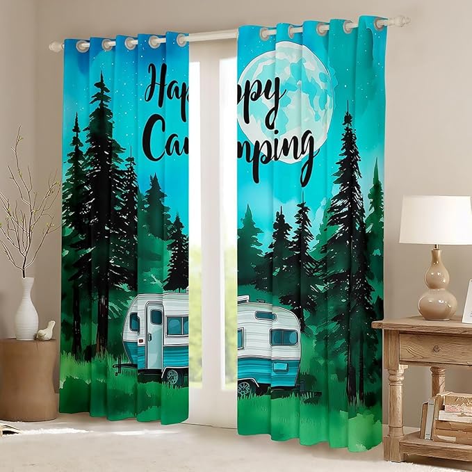 Erosebridal Happy Camping Window Curtains 52" Wx63 L Camper Blackout Curtains for Bedroom Living Room,Cartoon Spring Rv Travel Window Treatments Outdoor Adventure Drapes Decor 2 Panels