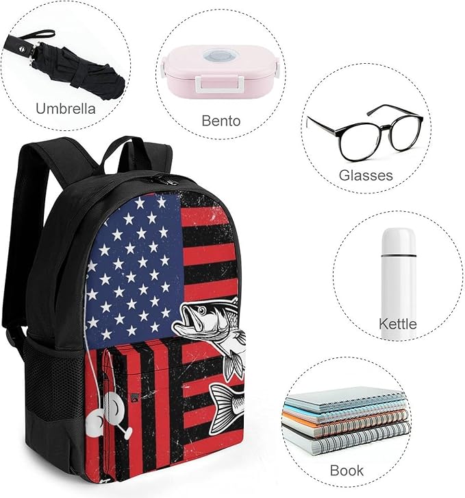 Shoulder Book Bags Polyester Multipurpose Anti-Theft American Bass Fishing Lure Flag Red Carry On Bag Large Capacity Travel Hiking Camping Rucksack