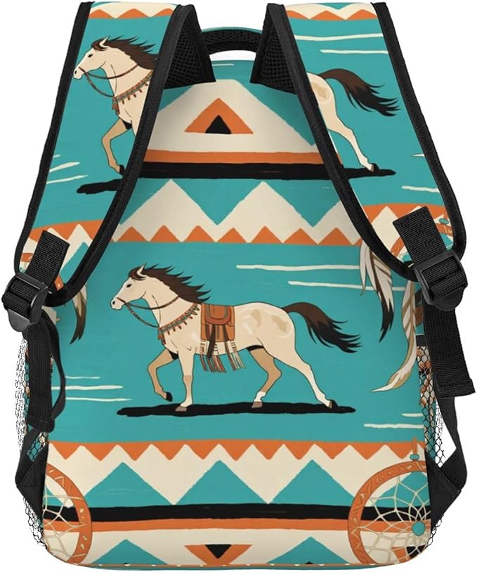 Men Women Lightweight Southwest Native American Ethnic Horse Dreamcatcher Art Backpack Large Capacity Carry On Bag With Padded Straps for Sports Work Walking Cycling