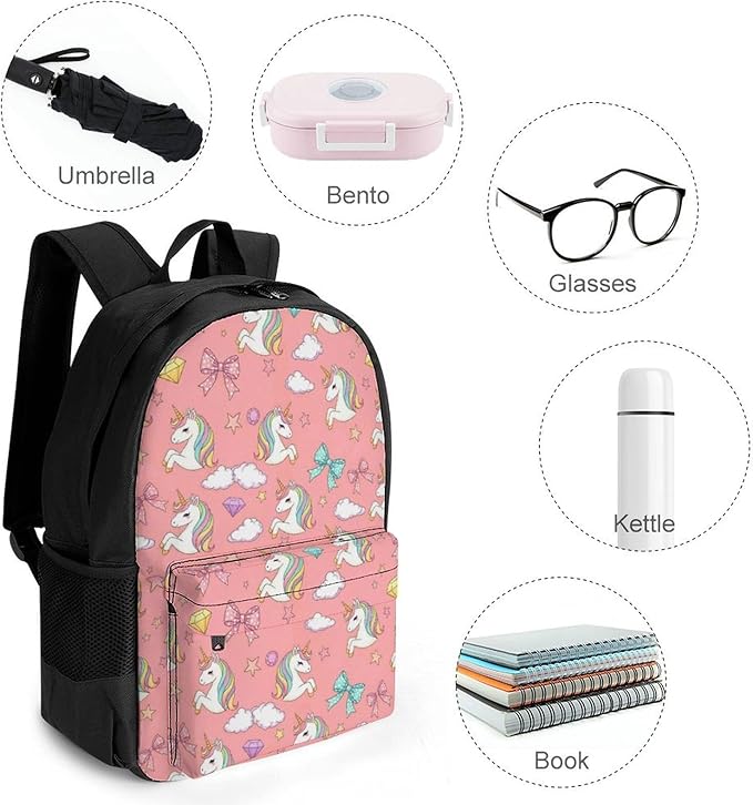 Daypack Polyester Anti-Theft Multipurpose Lovely Pink Unicorns Head Bookbag Big Capacity Gym Outdoor Hiking Backpack With Adjustable Shoulder Straps