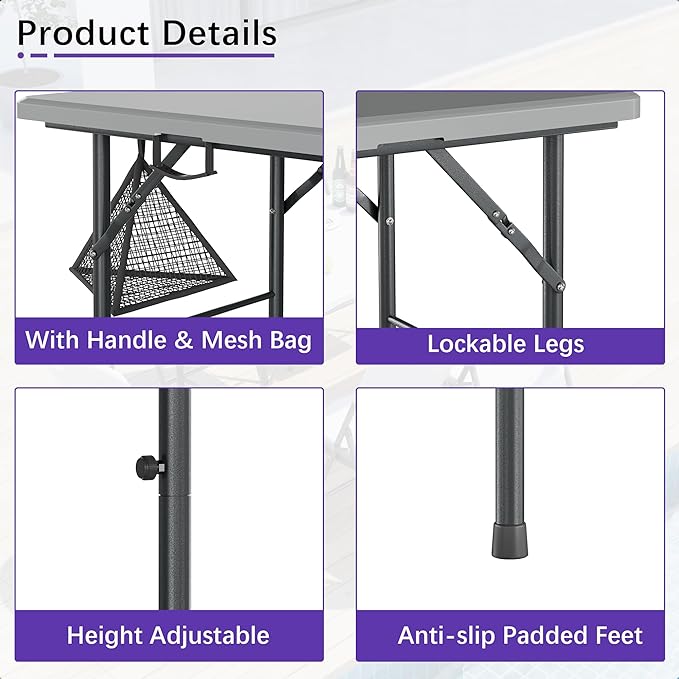 VECELO Folding Table 4 Foot with Mesh Bag, Indoor Outdoor Heavy-Duty Portable w/Handle,Fold-in-Half for Picnic, Party, Camping, Light Grey