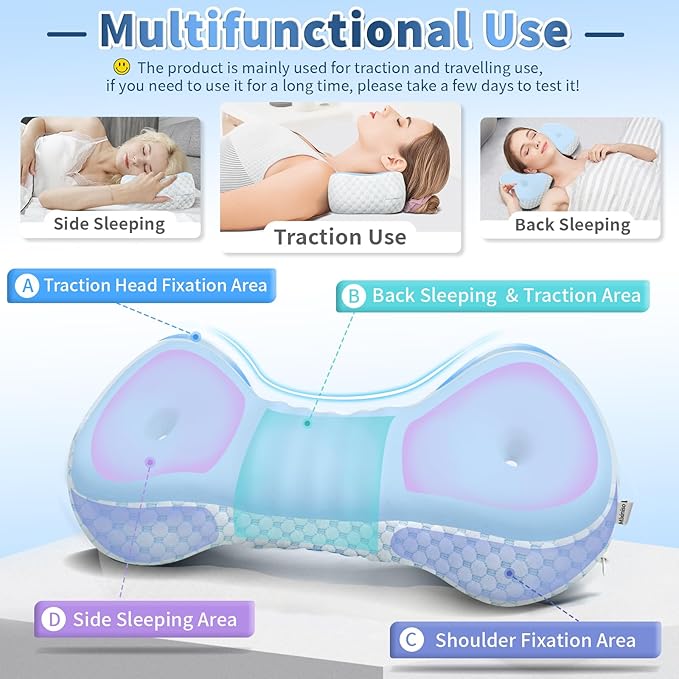 Neck Support Pillow, Small Neck Roll Pillow Memory Foam, Cervical Traction Device, Ergonomic Support for Stiff Neck, Camping & Travel Pillow with Removable Cooling Pillowcase and Portable Bag