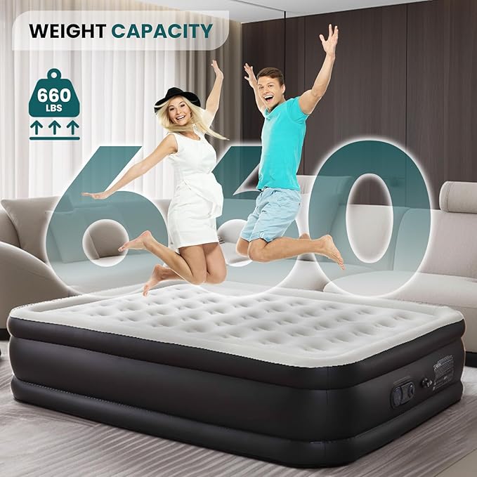 DUMOS Queen Air Mattress - 16" Inflatable Blow Up Airbed with Built-in High Capacity Pump, Double Height, Non-Slip Bottom Design, Weight Capacity 660 lbs Air Bed for Home or Camping