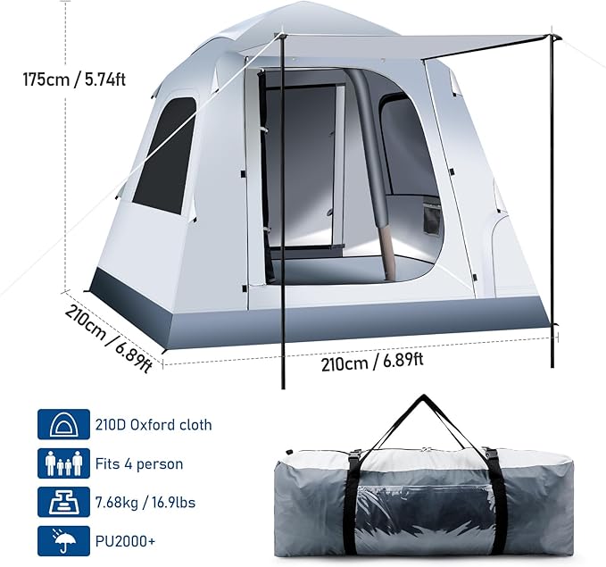 Quick Inflatable Camping Tent 3-4 Person Glamping Outdoor Air Blow Up Tents, Easy Set up,Rainfly & Waterproof Inflatable House Tent for Adults