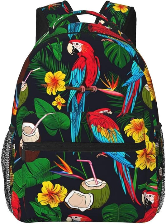 Men Women Lightweight Macaw And Tropical Cocktail Art Casual Daypack Big Capacity Bookbag With Padded Straps for Gym Travel Walking Cycling