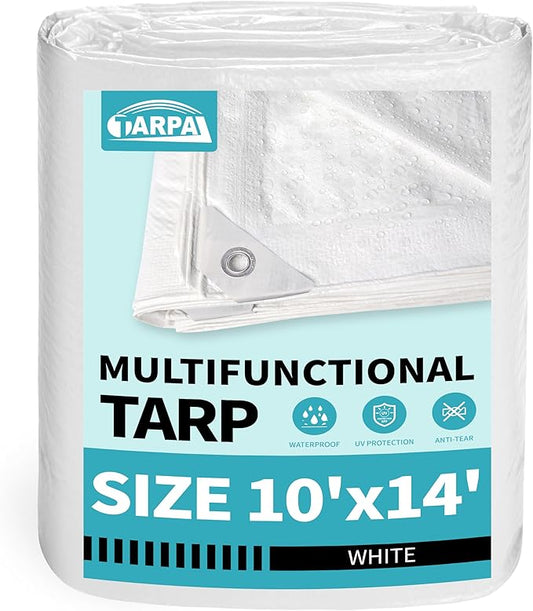 TARPAL 10x14 Feet White Tarp Waterproof Lightweight tarps Multipurpose Protective Cover All Purpose Poly Tarps Cover for Firewood,Boat,Pet House,Roof Waterproofing