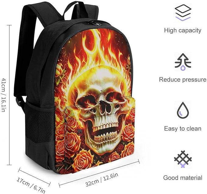 Daypack Bookbag Multipurpose Anti-Theft Big Capacity Carry On Bag, Skull Rose Fire Travel Hiking Camping Rucksack With Padded Straps