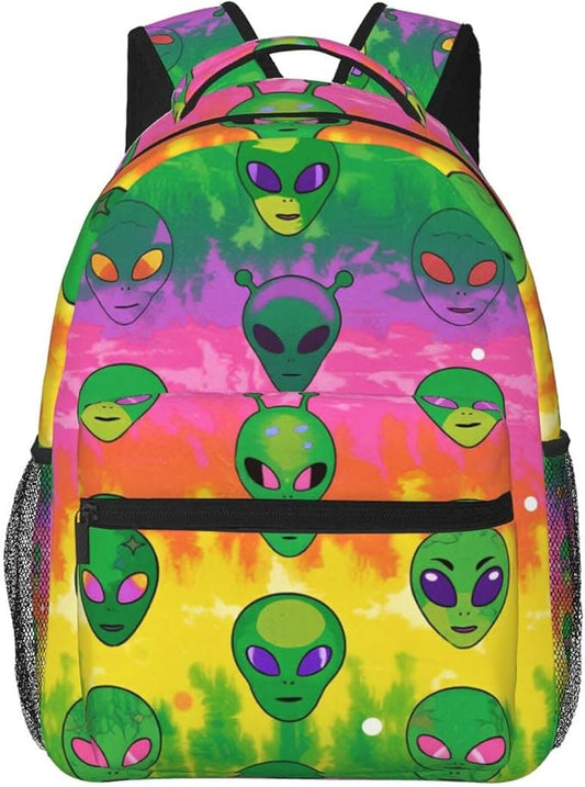 Men Women Polyester Colorful Alien Tie Dye Art Daypack Bookbag Big Capacity Shoulder Bag With Padded Straps for Climbing Travel Walking Cycling